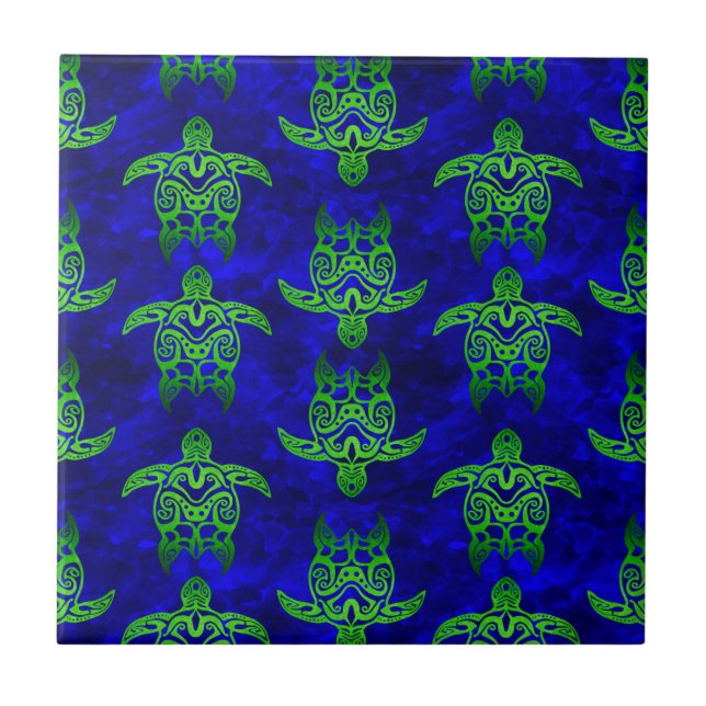 Azulejo De Cerâmica Ocean Blue Tribal Green Sea Turtles (Frente)