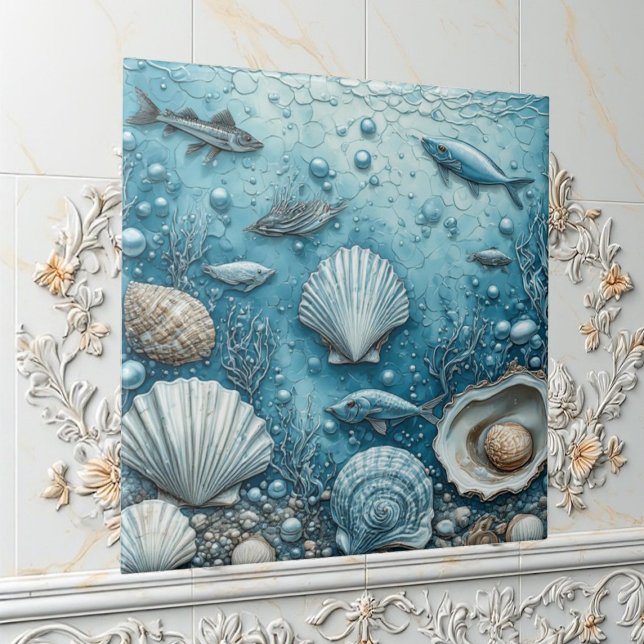 Azulejo De Cerâmica Ocean Bubble Aquatic Fish Seashell Underwater Art (Ocean Bubble Aquatic Fish Seashell Underwater Art Ceramic Tile)