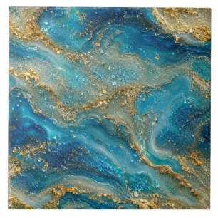 Azulejo De Cerâmica Ocean Gold Flow – Luxuoso Azul Turquesa Abstrato