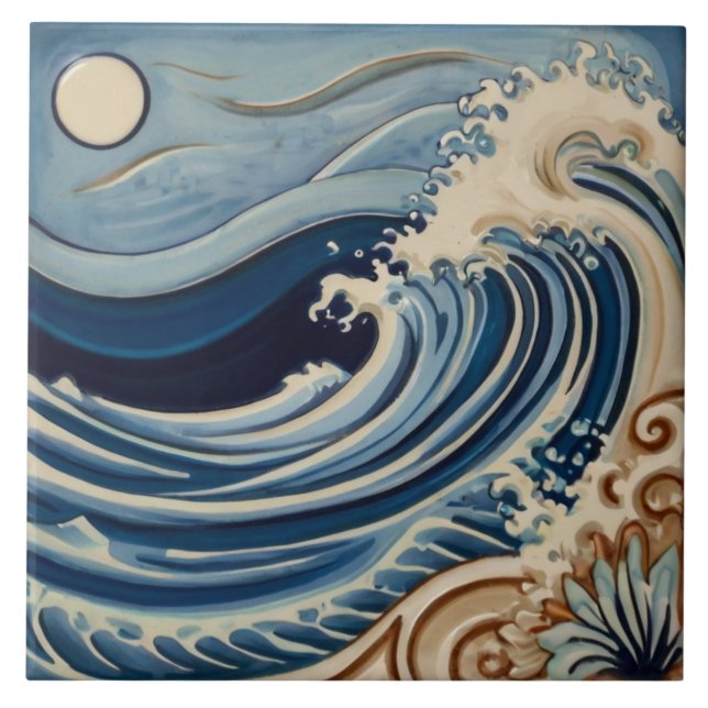 Azulejo De Cerâmica Oceano Ondas Azul e Mar Branco à Lua (Frente)