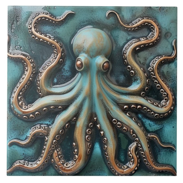 Azulejo De Cerâmica Octopus Aquático com Efeito 3D em Teto e Cobre (Frente)
