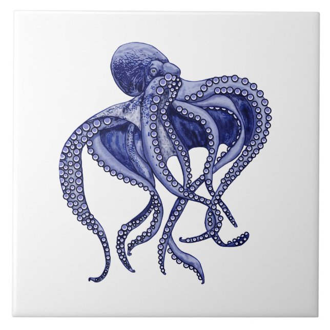 Azulejo De Cerâmica Octopus azul e branco (Frente)