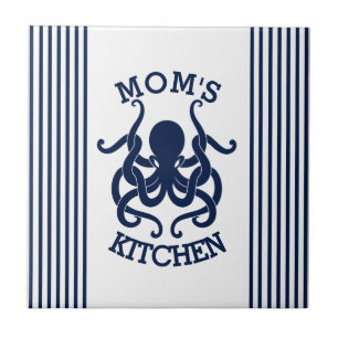 Azulejo De Cerâmica Octopus Azul e Stripes Azul e Branco