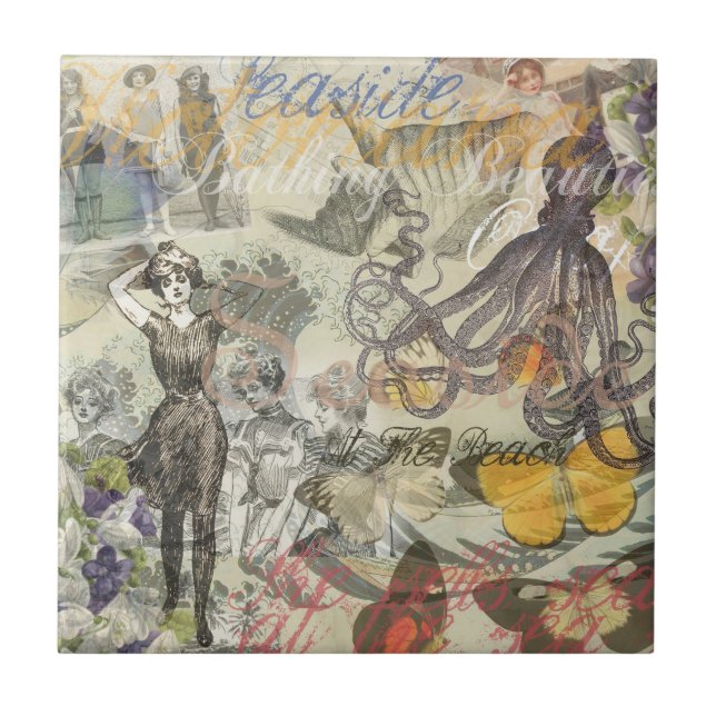 Azulejo De Cerâmica Octopus Beach Antique Coastal Steampunk (Frente)