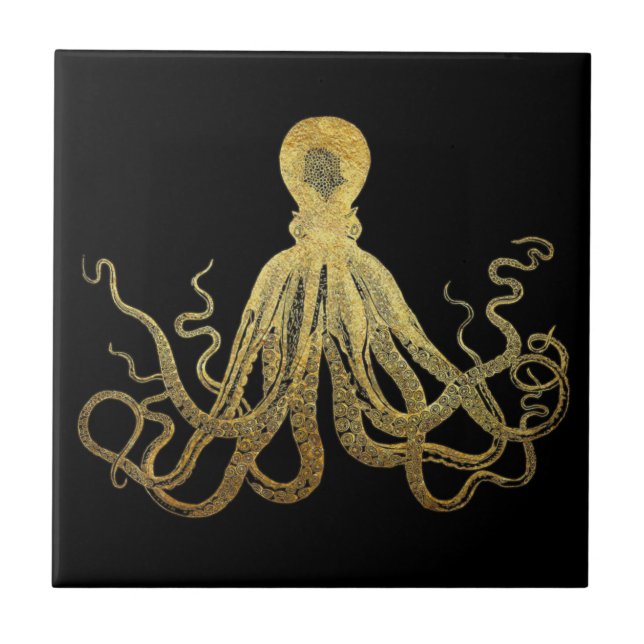 Azulejo De Cerâmica Octopus Dourado de Tinta Preta  Costeira Náutica (Frente)