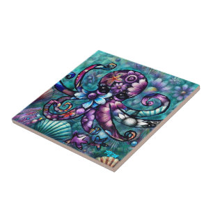 Azulejo De Cerâmica Octopus Floral Teal Roxo Azul Costeira