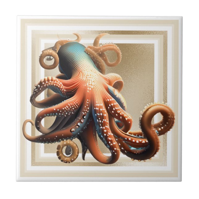 Azulejo De Cerâmica Octopus laranja azul 3D dourado náutico praia chic (Frente)