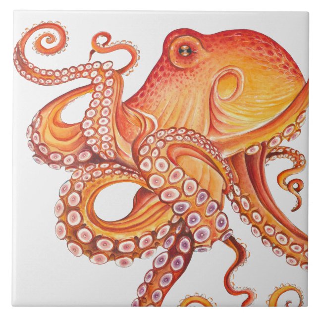 Azulejo De Cerâmica Octopus Laranja Vermelho (Frente)