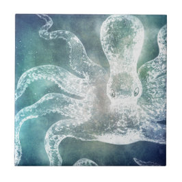 Azulejo De Cerâmica Octopus Midnight Blue Teal Watercolor Arte Vintage