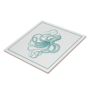Azulejo De Cerâmica Octopus náutico azul-turquesa