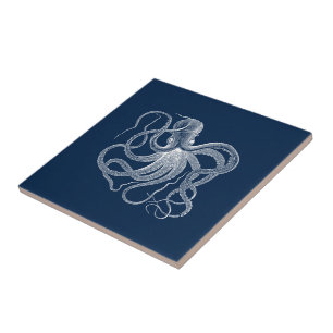 Azulejo De Cerâmica Octopus náutico branco preto