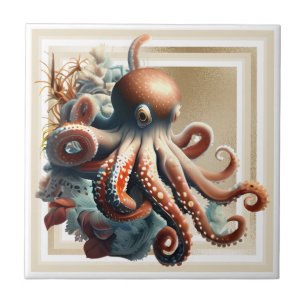 Azulejo De Cerâmica Octopus náutico marinho dourado-laranja