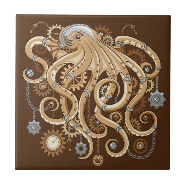 Azulejo De Cerâmica Octopus Steampunk Surreal Style Machine (Frente)