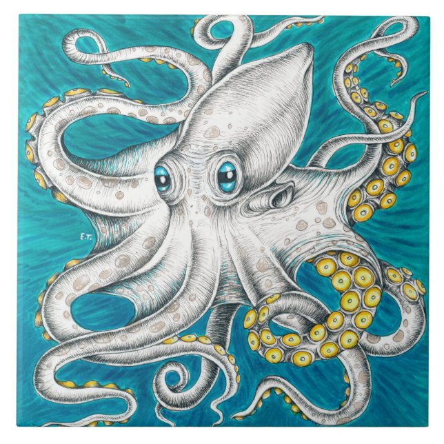 Azulejo De Cerâmica Octopus Tentacle Tinta verde (Frente)