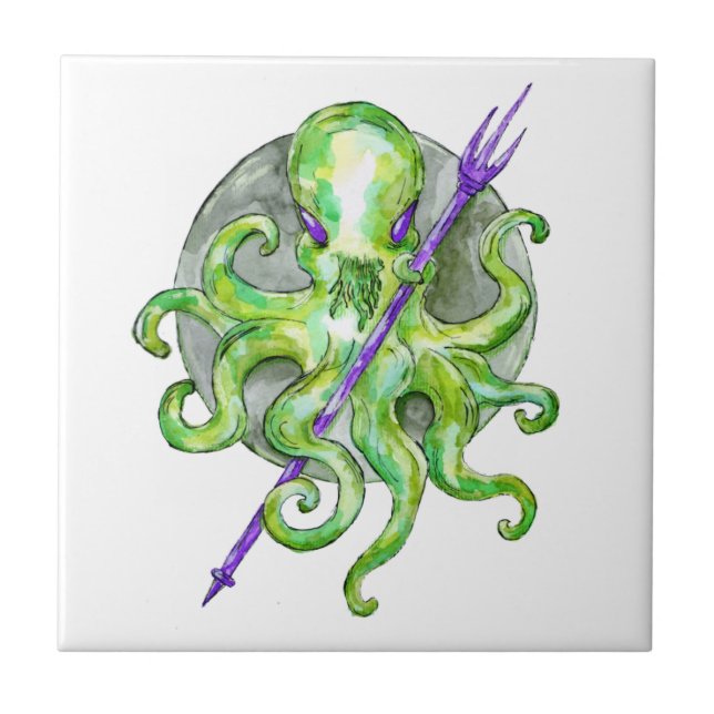 Azulejo De Cerâmica Octopus Verde com Tridente Roxo (Frente)