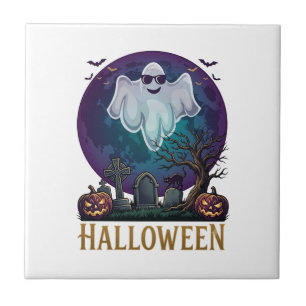 Azulejo De Cerâmica Óculos de sol de fantasma de Halloween Lua roxa Ce