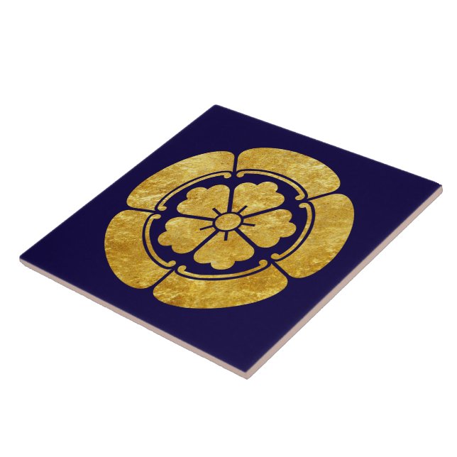 Azulejo De Cerâmica Oda Mon Japonês samurai clan faux gold em azul (Lateral)