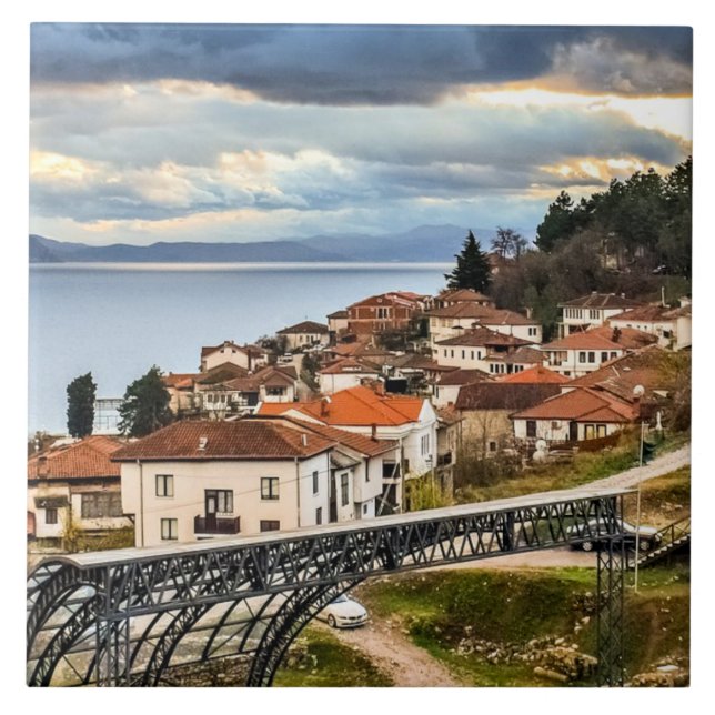 Azulejo De Cerâmica Ohrid, N. Macedônia, fotografia de paisagem urbana (Frente)
