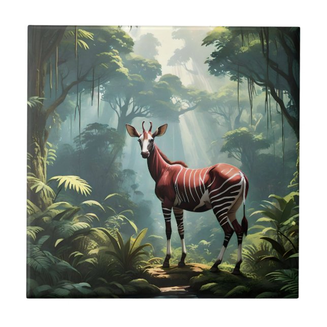 Azulejo De Cerâmica Okapi Na Floresta Tropical (Zebra Giraffe) (Frente)