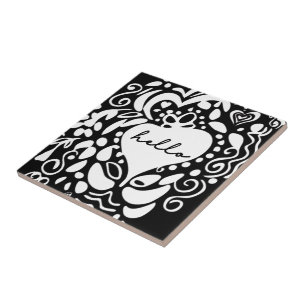 Azulejo De Cerâmica "Olá" Preto e Branco, corações, padrão de folhas