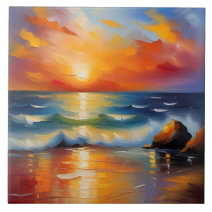 Azulejo De Cerâmica Óleo Pintura do pôr do sol laranja sobre o oceano