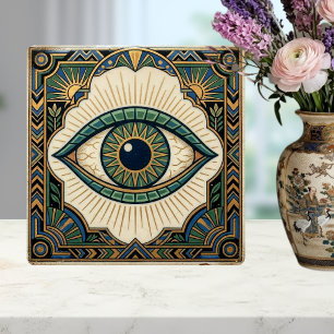 Azulejo De Cerâmica Olho Art Déco Anatômico Verde Azul Dourado