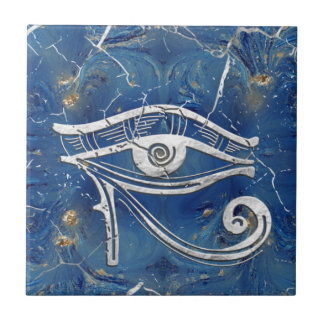 Azulejo De Cerâmica Olho Egípcio de Hórus de prata sobre mármore azul