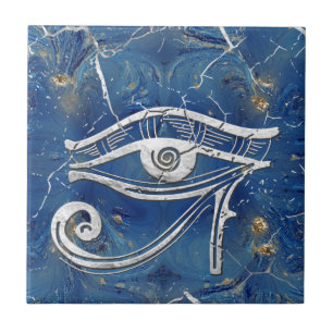 Azulejo De Cerâmica Olho egípcio de prata de Horus no mármore azul