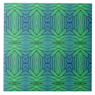 Azulejo De Cerâmica Olhos de linhas geométricas pretas, azul-verde