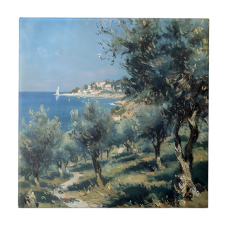Azulejo De Cerâmica Olive Grove with Coastal Village and Sea