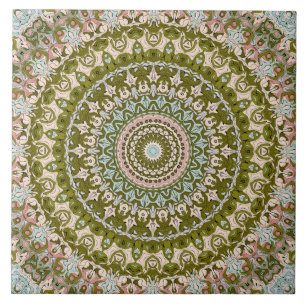 Azulejo De Cerâmica Olive Verde e Padrão Mandala Pastel