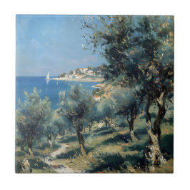 Azulejo De Cerâmica Oliveiral com Vila Costeira e Mar
