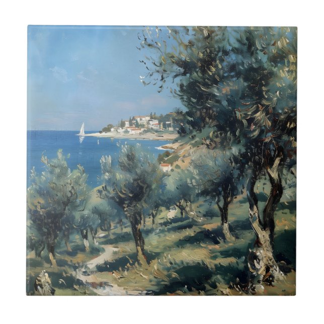 Azulejo De Cerâmica Oliveiral com Vila Costeira e Mar (Frente)