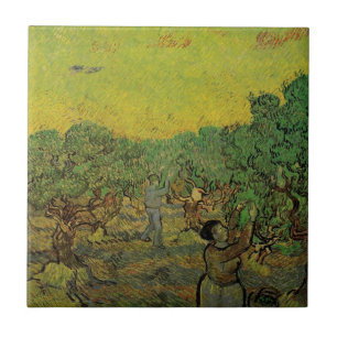 Azulejo De Cerâmica Oliveiral de Van Gogh com Figuras Colhendo Frutas
