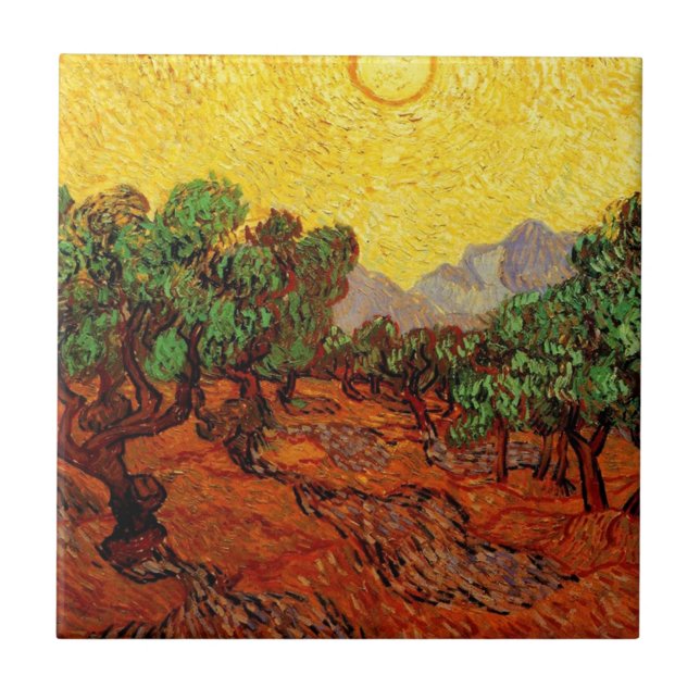 Azulejo De Cerâmica Oliveiras com céu amarelo e sol (Frente)