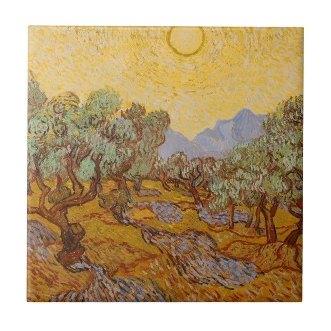 Azulejo De Cerâmica Oliveiras de Van Gogh Sol Amarelo Céu (Frente)