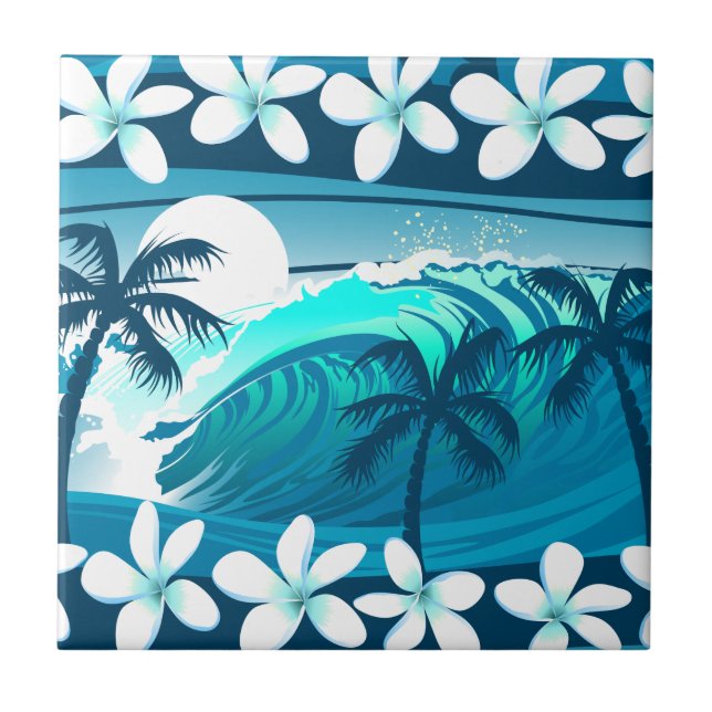 Azulejo De Cerâmica Onda tropical de surf com palmeiras (Frente)
