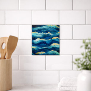Azulejo De Cerâmica Ondas Abstratas do Oceano Aquarela Azul e Dourada