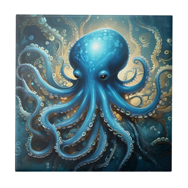 Azulejo De Cerâmica Ondas Celestiais: A Arte Fractal Octopus Azul (Frente)