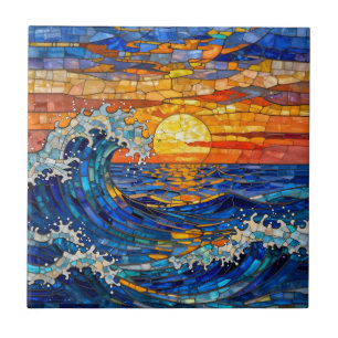 Azulejo De Cerâmica Ondas Costeiras Oceânicas Pôr do Sol  