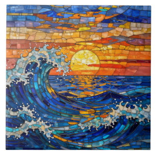 Azulejo De Cerâmica Ondas Costeiras Oceânicas Pôr do Sol