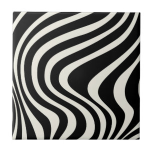 Azulejo De Cerâmica Ondas de estilo retrô preto e branco