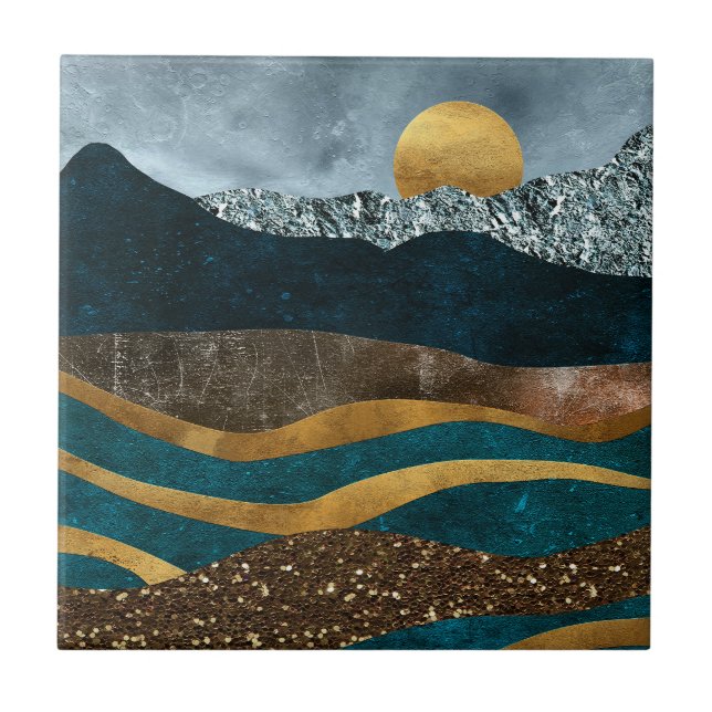 Azulejo De Cerâmica Ondas De ouro Sob Montanhas Ligadas À Lua (Frente)
