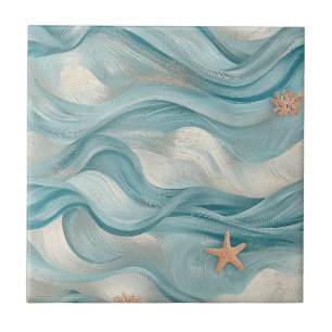Azulejo De Cerâmica Ondas de Teal Náutico da Marinha e Impressão de Es