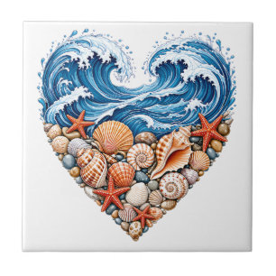 Azulejo De Cerâmica Ondas do Coração do Oceano Conchas – Arte da Praia
