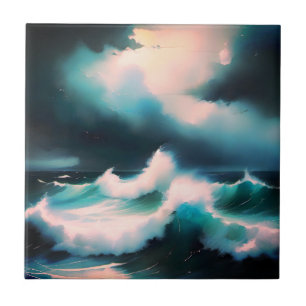 Azulejo De Cerâmica Ondas do oceano azul bonito pintura