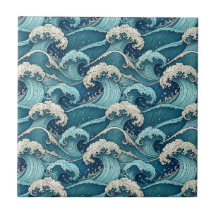Azulejo De Cerâmica Ondas do Oceano Azul Padrão Tropical Japonês de Ve