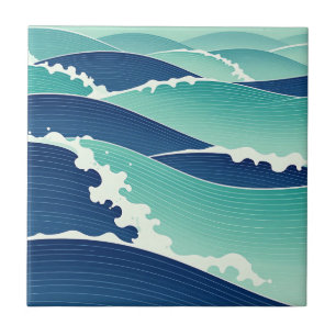 Azulejo De Cerâmica Ondas do Oceano Azul Turquesa Estilo Japonês