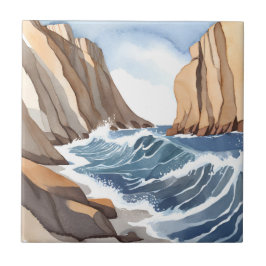Azulejo De Cerâmica Ondas do Oceano Batendo | Aquarela de Praia Costei