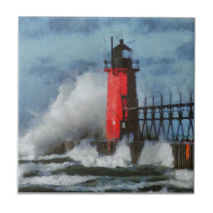 Azulejo De Cerâmica Ondas e farol do Lago Michigan